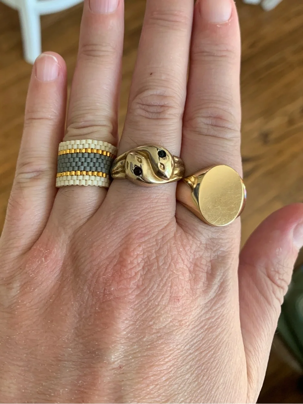 Maasai Beaded Ring Wide – Cream Grey & Gold Handmade woven mesh ring NEW